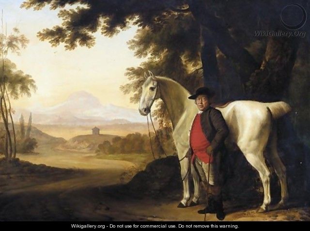 A Grey Horse Held By Its Owner In A Landscape - George Garrard