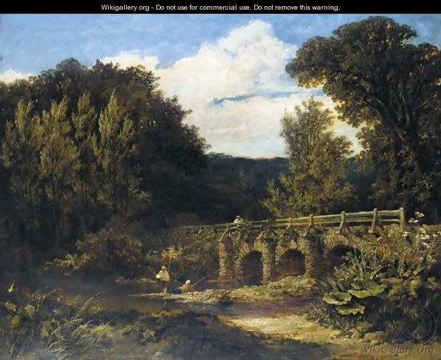 Men Fishing In A River Landscape By A Bridge - Frederick Richard Lee