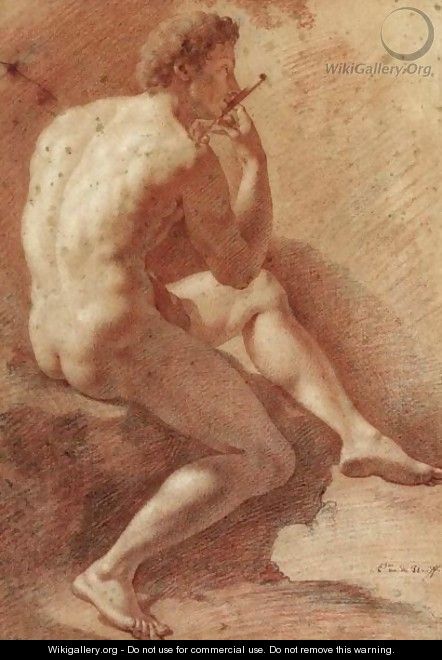 Study Of A Male Nude Playing The Flute - Adriaen Van Der Werff