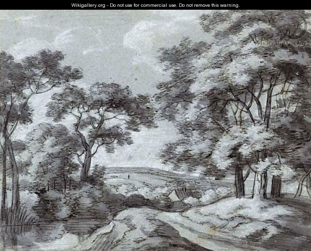 A Wooded Landscape With A Path Running Along A River - Simon De Vlieger