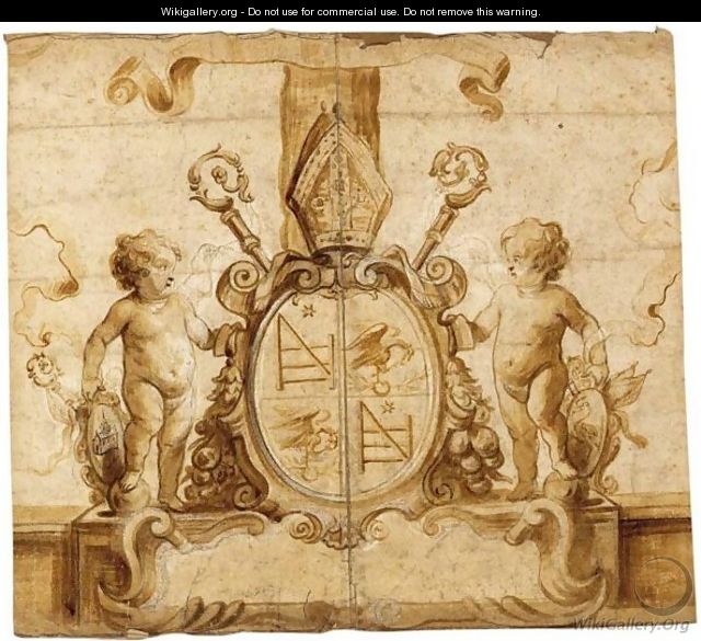 A Design With Putti Holding A Cartouche With A Coat-Of-Arms - Erasmus II Quellin (Quellinus)