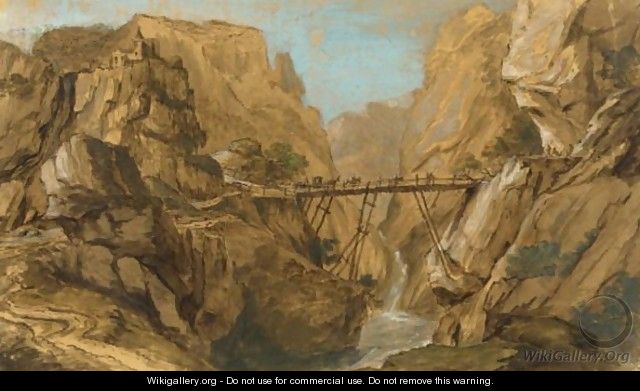 A Rugged Italianate Landscape With A Stone Bridge And Figures In The Foreground - Dutch School