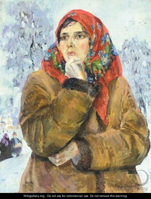 Girl In A Red Scarf - Sergey Arsenievich Vinogradov