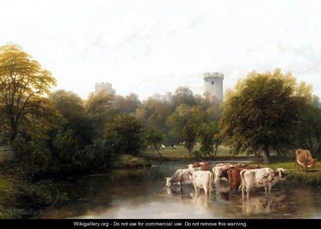 Mill Pond With Cows, Warwick Castle Beyond - Thomas Baker Of Leamington