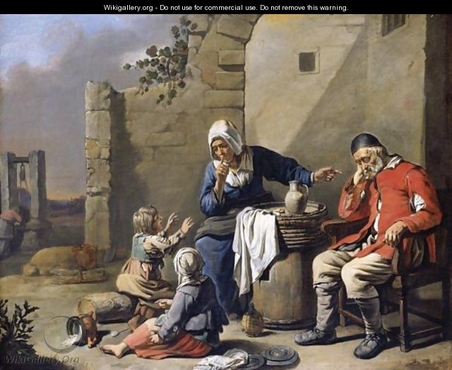 A Family Resting Before A House, With A Mother Silencing Her Children Whilst Her Husband Sleeps - Abraham Willemsens