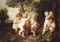 A Wooded Landscape With Putti And Satyrs Playing Music And Dancing - (after) Sir Peter Paul Rubens