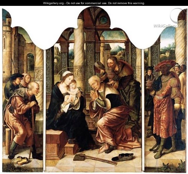 A Triptych The Adoration Of The Magi - Central Panel The Virgin And Child With Caspar And Melchior - Left Wing Saint Joseph With Two Shepherds - Right Wing Balthasar With Other Figures Behind - Antwerp School