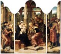 A Triptych The Adoration Of The Magi - Central Panel The Virgin And Child With Caspar And Melchior - Left Wing Saint Joseph With Two Shepherds - Right Wing Balthasar With Other Figures Behind - Antwerp School