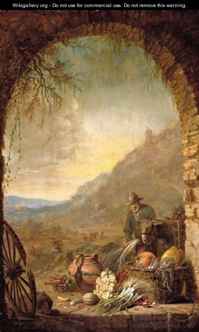 Landscape With A Man Unloading Produce From A Donkey, Seen Through An Arch - Willem Kalf