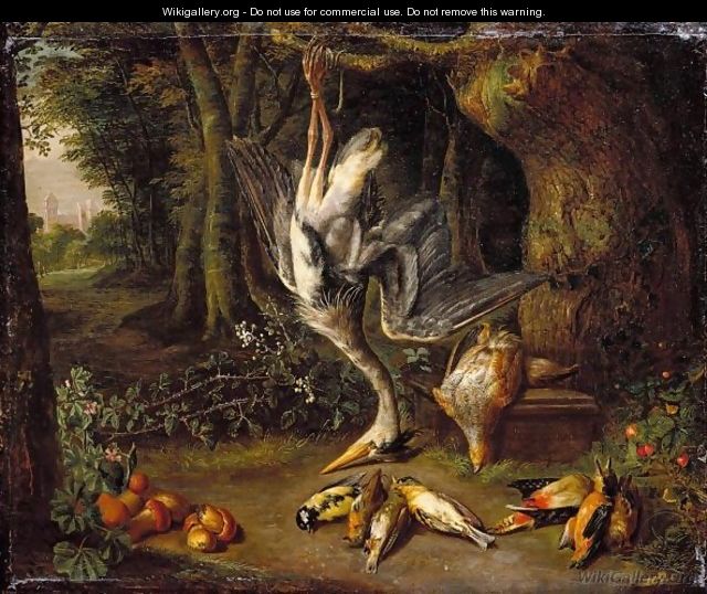 Dead Game, Including A Heron, Partridge And Songbirds In A Wooded Landscape, A Chateau In The Left Distance - Pieter Snyers