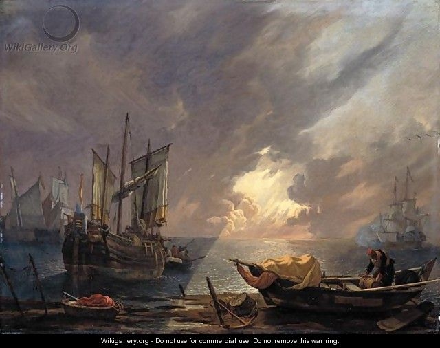 An Evening Coastal Scene With Sailors Unloading Their Cargo, A Man-O-War Firing A Salute In The Distance - Lieve Verschuier