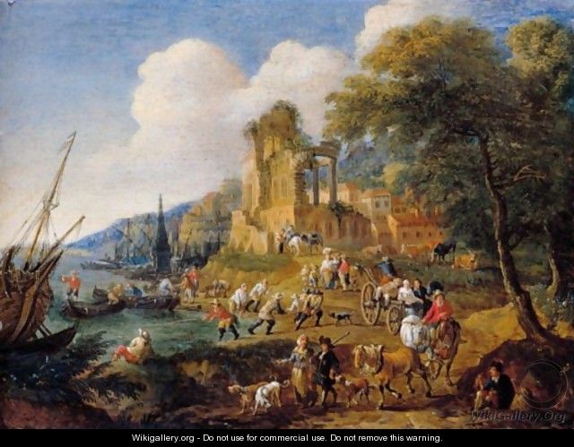 Fishermen Landing Their Catch, With Travellers On A Road Before A Classical Ruin And A Town - Pieter Bout