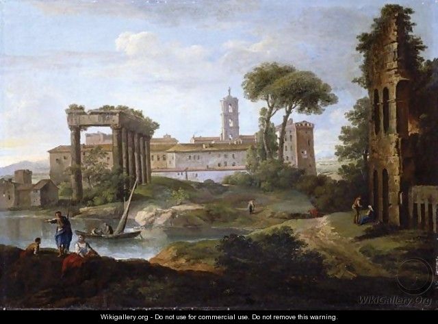 A River Landscape With A Ruined Temple, A Roman Amphitheatre, And Buildings Beyond, Figures Conversing In The Foreground - Paolo Anesi