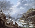 A Mountainous Winter Landscape With Skaters On A Frozen Lake - Johann Christian Vollerdt or Vollaert