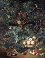A Forest Floor With Peaches And Plums Arranged On Stony Ground Below A Small Tree Filled With A Bird