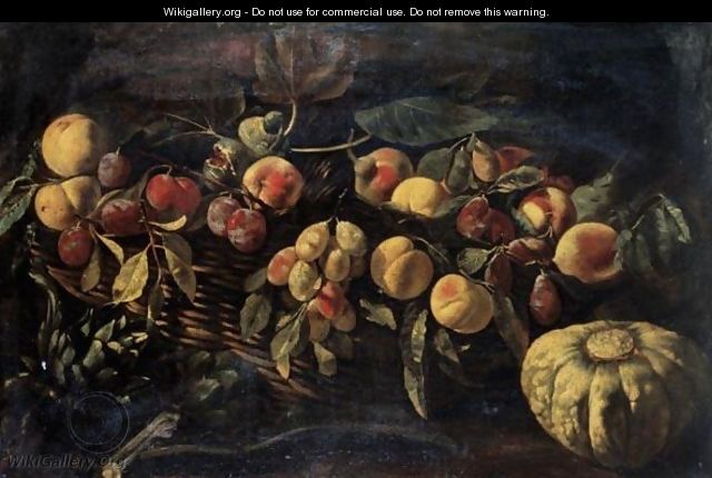 Still Life Of Peaches And Plums In A Wicker Basket, Together With Artichokes And A Melon - Roman School