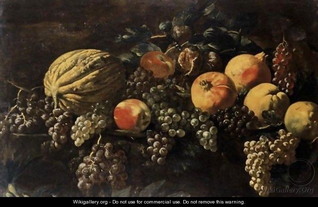 Still Life Of Pomegranates, Black And Green Grapes, Plums, Apples And A Melon - Roman School