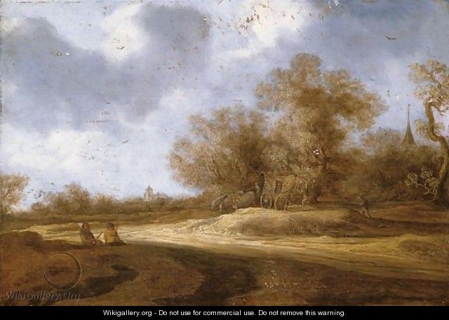 A Landscape With A Horse And Cart And Two Travellers Resting At The Edge Of A Road - Salomon van Ruysdael