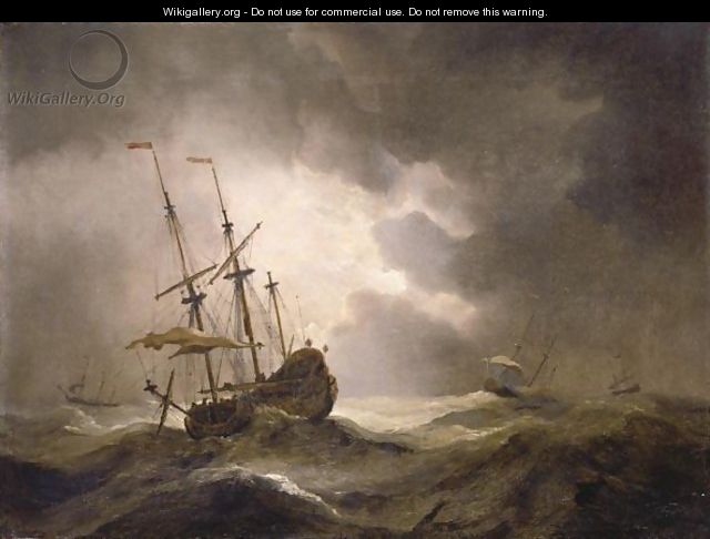 A Merchantman In A Storm, Three Other Ships On The Horizon - Willem van de, the Younger Velde