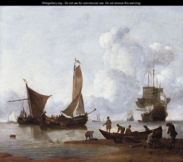 Fishermen Unloading Their Catch On The Shore, Moored Fishing Boats And Dutch Men-O