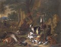 Still Life Of Game With A Huntsman Smoking A Pipe Together With His Hounds In A Landscape - Adriaen de Gryef