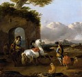 Italianate Landscape, With Cavaliers And The Horses Before Some Ruins - Jan Frans Soolmaker