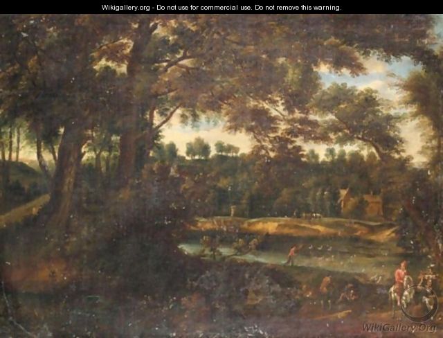 A Wooded River Landscape With Figures In The Foreground And Cottages In The Distance - Flemish School