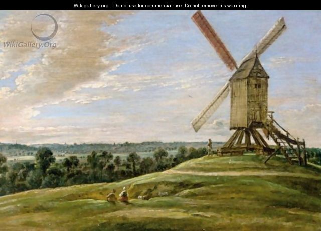 An Extensive Landscape With Shepherds And Their Flocks Beside A Windmill - Lucas Van Uden