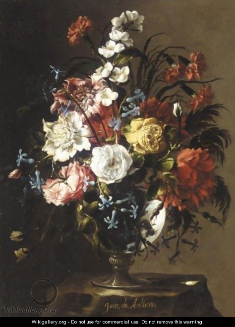 Still Life Of Roses, Carnations, Anemonies, Syringa, Peonies And Hyacinths In A Glass Vase, Upon A Stone Plinth - Juan De Arellano