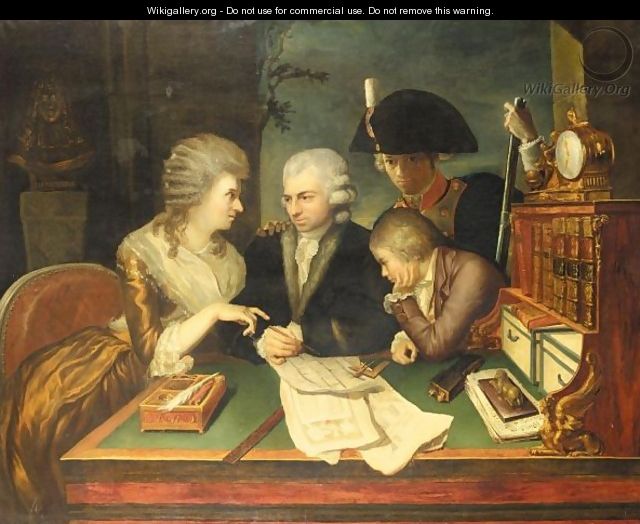 An Interior With A Family Seated Around A Bureau Studying Architectural Plans - French School