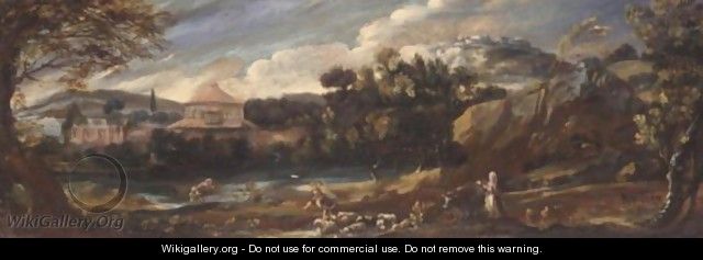 A Landscape With Drovers And Their Animals Beside A River, A Classical Town Beyond - (after) Pier Francesco Mola