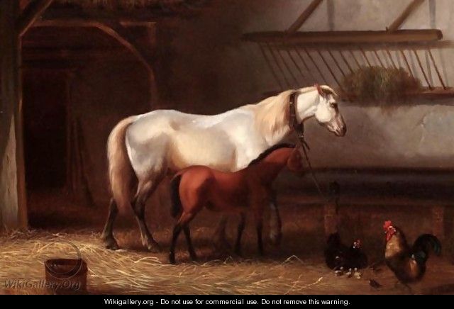 Horses And Chickens In A Stable - Franz van Severdonck