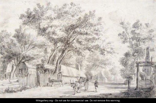 A Village Street, With A Horse And Cart And A Man Walking Alongside - Anthonie Waterloo