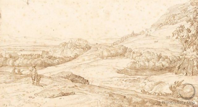 An Extensive Italianate Landscape With A Hunter, And A Distant Hilltop Castle - Jacob Esselens