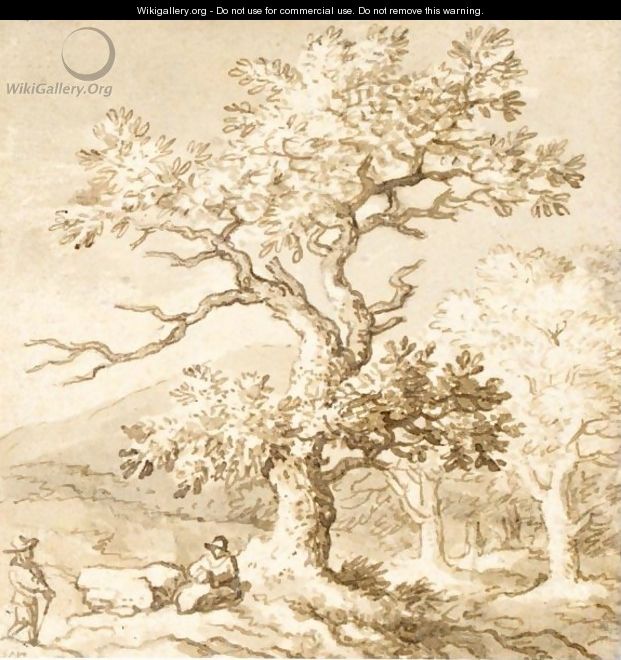 Landscape With Figures Resting By A Tree - Allaert van Everdingen