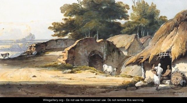 Indian Figures By A Hut With Cattle And A Bridge Nearby - George Chinnery