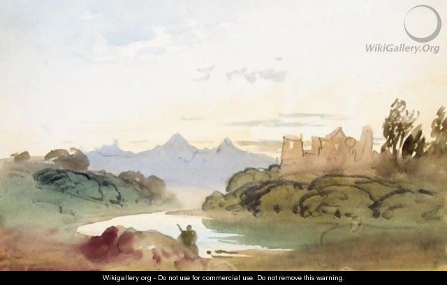 A Shepherd By A River At Dusk With A Castle And Mountains Beyond - John Varley