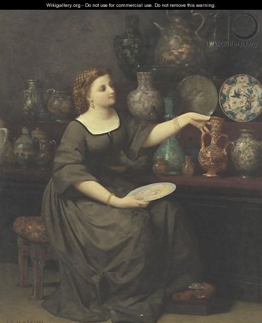 A Lady Seated Admiring A Vase - Jean-Louis Hamon