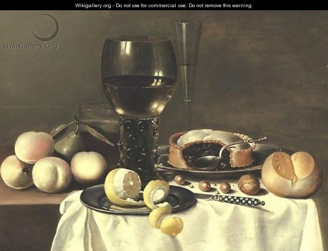 Still Life With A Roemer, Peaches, A Pear, And A Pie All Resting On A Partially Draped Table - (after) Hans Van Sant
