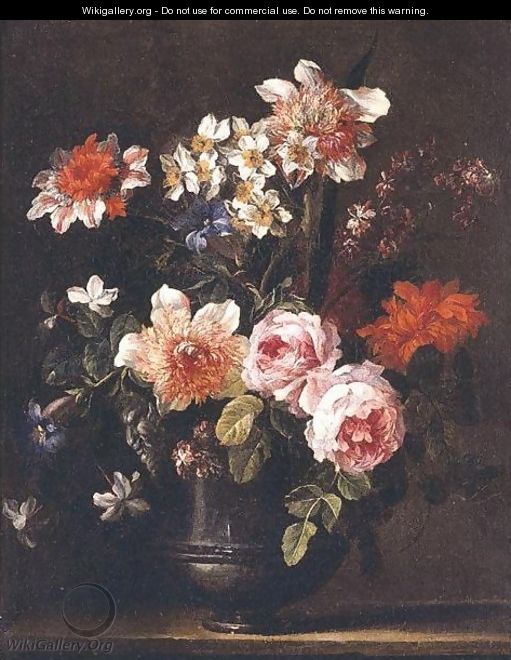 Still Life Of Roses, Carnations, Chrysanthemums, Carcissi, Morning Glory And Other Flowers In A Pewter Urn Resting On A Ledge - Jean-Baptiste Monnoyer