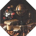 Vanitas Still Life With A Zodiac Globe, A Snuffed Candle, Dice, Books, Cards And Flowers, All On A Draped Table - Spanish Unknown Masters