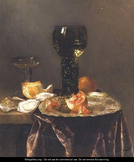 Still Life With A Roemer, A Pomegranate And Oysters All Resting On A Partially Draped Table - Abraham Hendrickz Van Beyeren