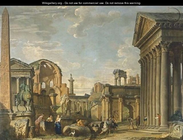An Architectural Capriccio Of Roman Ruins And The Statue Of Marcus Aurelius On Horseback With A Soldier Returning, Other Soldiers And Figures Nearby - Giovanni Paolo Panini