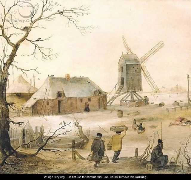 A Winter Landscape With Villagers On A Path By A Frozen River, A Windmill Beyond - Hendrick Avercamp