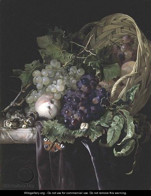Peaches, Chestnuts And Grapes In An Overturned Basket Resting On A Partially Draped Marble Ledge - Willem Van Aelst