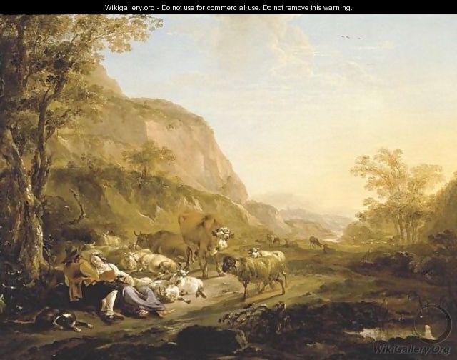 An Evening Landscape With A Couple Resting Below A Tree Surrounded By Cattle, Goats And Sheep - Nicolaes Berchem