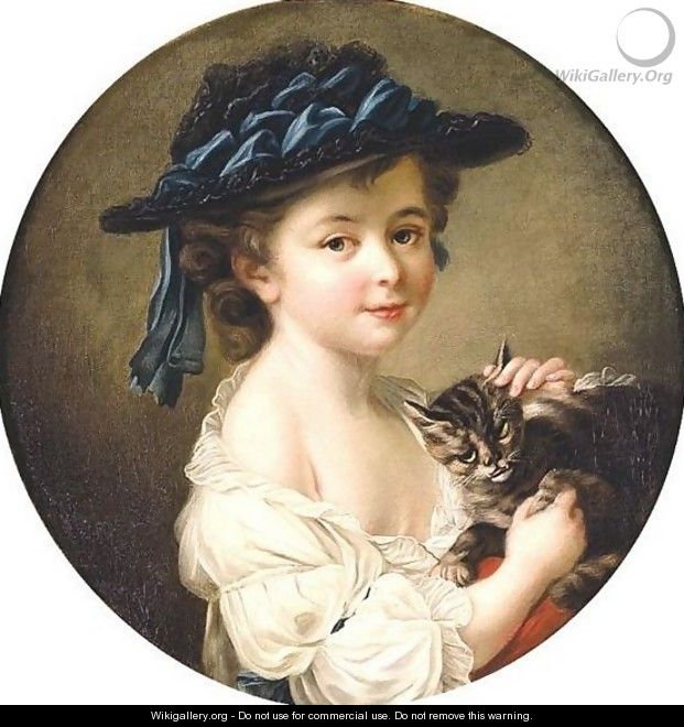 Portrait Of A Girl Holding A Cat - (after) Franois-Hubert Drouais