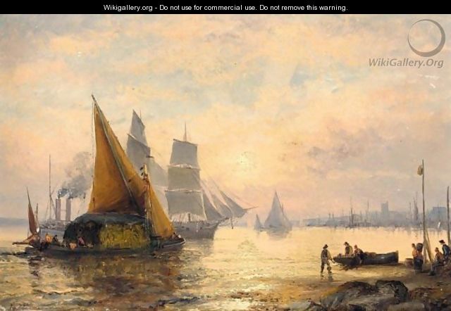 And Vessels On The River At Sunset - William A. Thornley or Thornbery