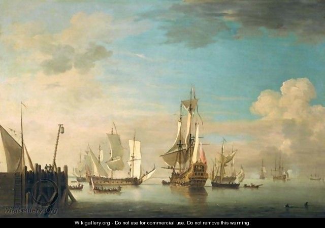 An English Two Decker Of 40 Guns, A Galliot And Other Shipping In A Calm Off A Pier - Charles Brooking