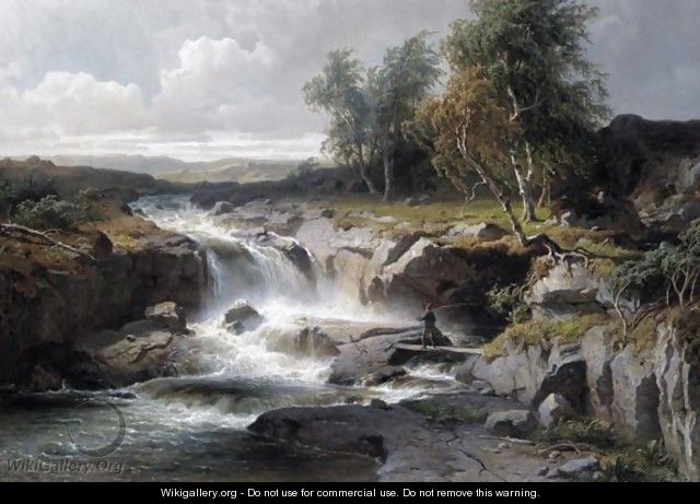 An Angler By A Waterfall - Edward Bergh